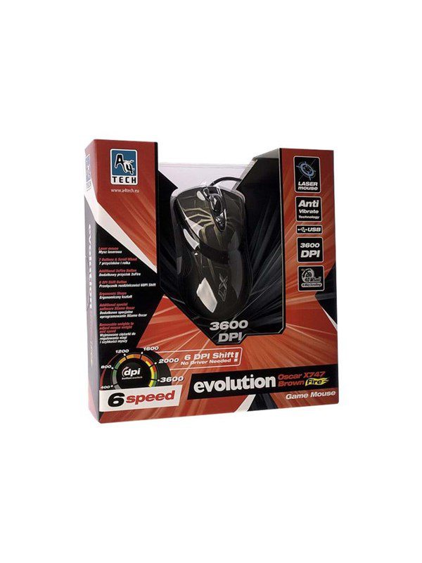 A4Tech EVO XGame Laser Oscar X747 Brown Fire - Gaming Mus - Laser - 7 knapper - Sort