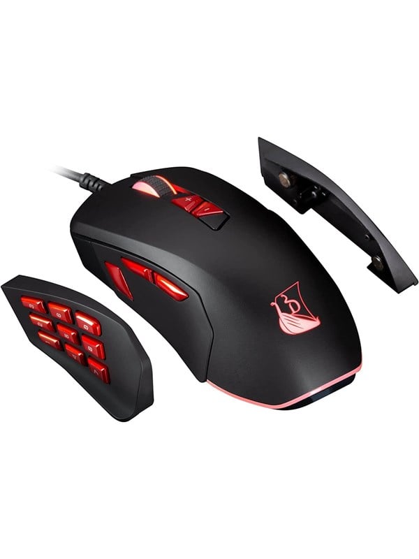 Konix Drakkar Prime Fenrir Gaming Mouse (Black) - Gaming Mus - Optisk / gyroskopisk - 12 knapper - Sort med rødt lys